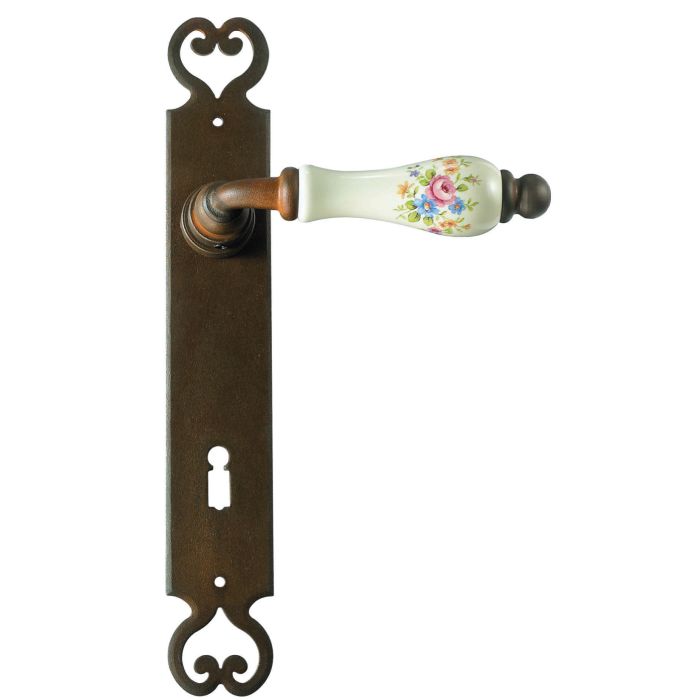 Maniglia Classica per Porta in ferro battuto con porcellana Galbusera Art.2600 Ant. Ruggine