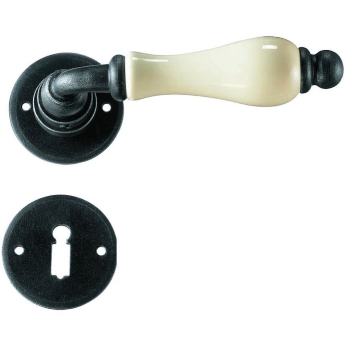  Maniglia Classica per Porta in ferro battuto con porcellana Galbusera Art.3-10 Nero Antico
