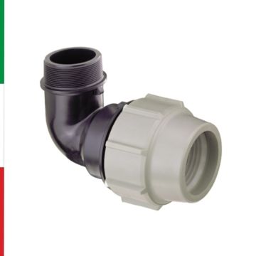 Raccordo a Compressione PN16 Gomito 90° Filettato Maschio Per Acqua Potabile