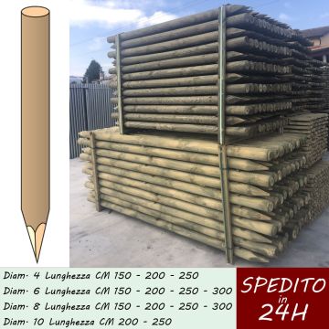 Pali in Legno Pino Tondo TORNITO con Punta diam 4-6-8-10 Impregnato autoclave