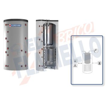 Cordivari Termoaccumulatore Combi 2 XB da 500 a 1000 in Acciaio Inox 316L con 1 Scambiatore Fisso in Acciaio al Carbonio per Acqua di Riscaldamento e produzione di Acqua Calda Sanitaria a Coibentazione Rigida e Rigida Smontabile