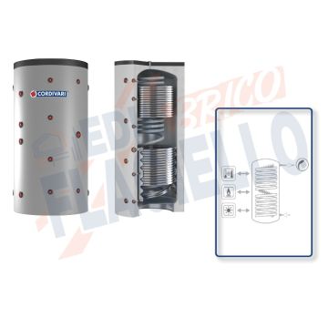 Cordivari Termoaccumulatore Eco Combi 3 PDC VB da 300 a 800 per Pompe di Calore con accumulo di Acqua Tecnica in Acciaio al Carbonio con 2 Scambiatori Fissi e Circuito Sanitario in Serpentino Corrugato a Coibentazione Rigida Smontabile