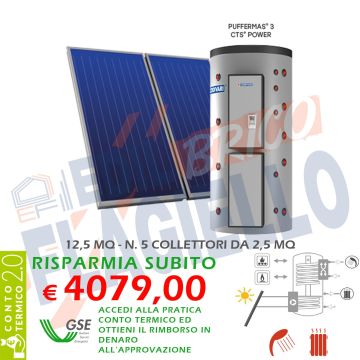 SISTEMA TERMICO SOLARE PUFFERMAS 3 CTS POWER 600 5x2,5 Falda Piano Incasso Parete Circolazione Forzata Sanitaria Riscaldamento Termoaccumulatore Doppio Scambio Calore