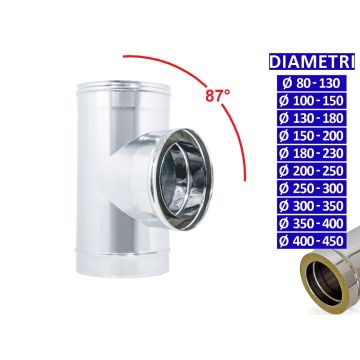 ALLINOX Raccordo a Tee 87° Doppia Parete Canna Fumaria Coibentata Acciaio Inox