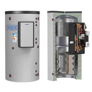 Termoaccumulatore Cordivari TERMOMAS 2 PDC 300 a 800 litri pompe di calore 2 scambiatori modulo MACS e acqua sanitaria 