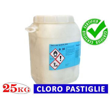 Cloro in Pastiglie 25 Kg per Pulizia Acqua Piscina Tricloro 90/200 90% 
